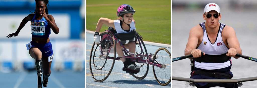 Picture is three athletes, a black adaptive runner with a prothsetic, a young woman participating in wheelchair track and an adaptive rower.